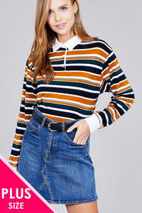 Ladies fashion plus size long sleeve multi striped dty brushed shirts