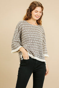 Heathered Striped Knit Bell Sleeve Round Neck Top