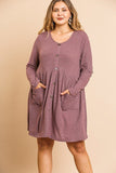 Waffle Knit Long Sleeve Round Neck Faux Button Front Babydoll Dress