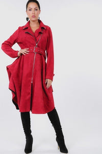 Waist Belt Tacked Faux Suede Coat