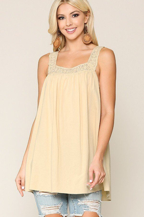 Square Neck Crochet Trim Sleeveless Top