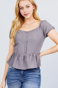 Short Sleeve Heart Neck W/button Back Smocking Detail Flare Hem Woven Top