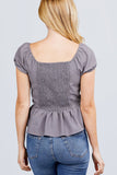 Short Sleeve Heart Neck W/button Back Smocking Detail Flare Hem Woven Top