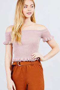 Short Sleeve Off The Shoulder W/ruffle Detail Sweater Top