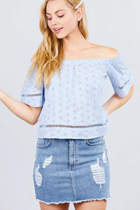 Elbow Sleeve Off The Shoulder Lace Trim Eyelet Detail Woven Top