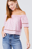 Elbow Sleeve Off The Shoulder Lace Trim Eyelet Detail Woven Top