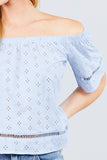 Elbow Sleeve Off The Shoulder Lace Trim Eyelet Detail Woven Top