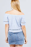 Elbow Sleeve Off The Shoulder Lace Trim Eyelet Detail Woven Top