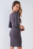 Grey Ruched Shirred Side Long Sleeves Bodycon Midi Dress