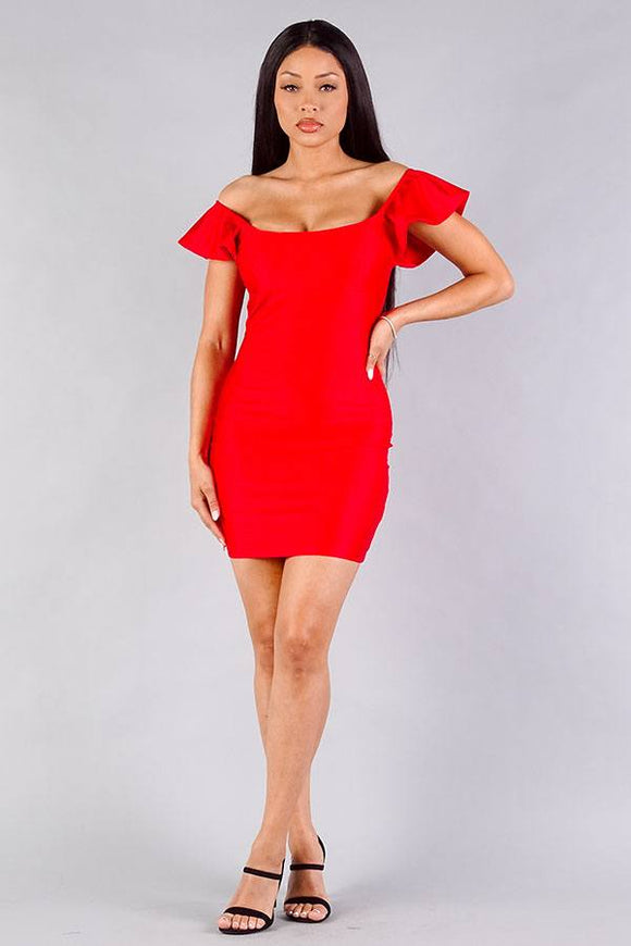 Convertible Off Shoulder Ruffle Sleeve Bodycon Mini Dress