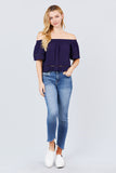 Elbow Sleeve Off The Shoulder Lace Trim Woven Top