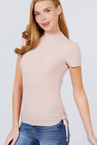 Short Sleeve Mock Neck Side Shirring Detail Rib Knit Top