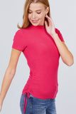 Short Sleeve Mock Neck Side Shirring Detail Rib Knit Top