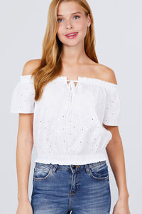 Short Sleeve Off The Shoulder Front Tie Detail Smocked Hem Eyelet Lace Woven Top