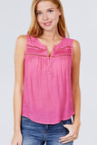 Sleeveless Front Pleats Detail W/button Woven Top