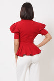 Draped Puff Shoulder Fashion Top With G Buckle Detail