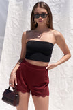 Solid Burgundy Red High Waist Elasticized Waistband Unlined Mini Shorts With Scalloped Bottom Hem