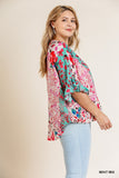 Floral Animal Mixed Print Ruffle Sleeve V-neck Crossbody Top With Scoop Hem