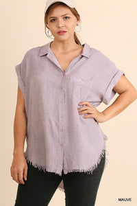 Washed Button Up Short Sleeve Top With Frayed Hemline