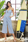 Adjustable Shoulder Strap Side Pocket Back Zipper Front Tie Stripe Print Jumpsuit