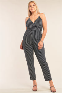 Plus Size Black & White Striped Wrap Sleeveless Criss-cross Strap Deep Plunge V-neck Jumpsuit