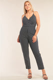 Plus Size Black & White Striped Wrap Sleeveless Criss-cross Strap Deep Plunge V-neck Jumpsuit