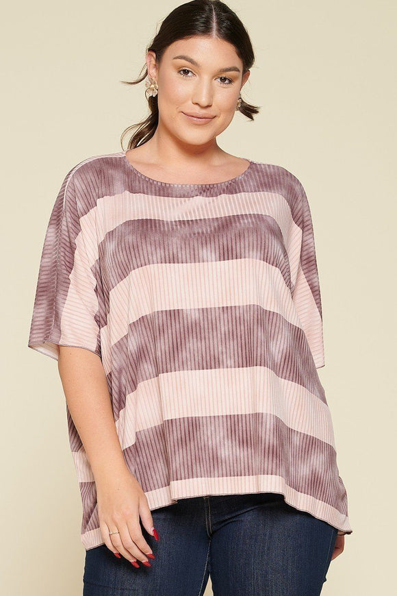 Stripe Printed Pleated Blouse Featuring A Boat Neckline And 1/2 Sleeves