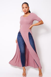 Elbow Sleeve Maxi Tank Top With Side Slits