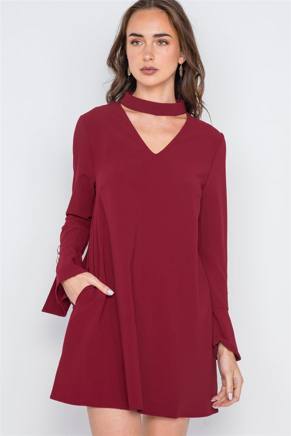 Long Sleeve V-cut Out Solid Mini Dress