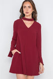 Long Sleeve V-cut Out Solid Mini Dress