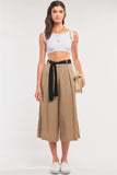 Beige High Waist Self-tie Belt Detail Flare Capri Pants