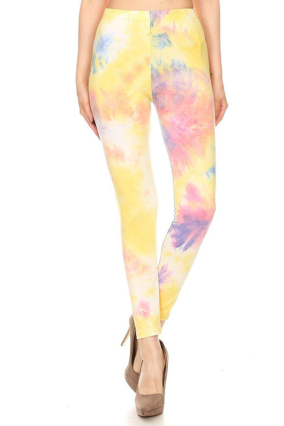 Tie Dye Printed, Full Length, High Waisted Leggings In A Fitted Style With An Elastic Waistband