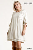 Linen Blend Round Neck Half Sleeve Dress With Chest Pocket And Frayed Edge Detail