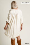 Linen Blend Round Neck Half Sleeve Dress With Chest Pocket And Frayed Edge Detail