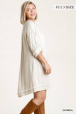 Linen Blend Round Neck Half Sleeve Dress With Chest Pocket And Frayed Edge Detail