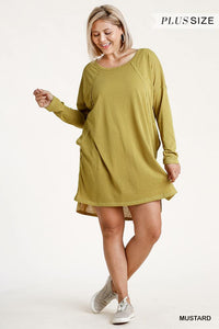 Long Raglan Sleeve Round Neck Raw Edged Detail Dress With Side Slits And Pockets