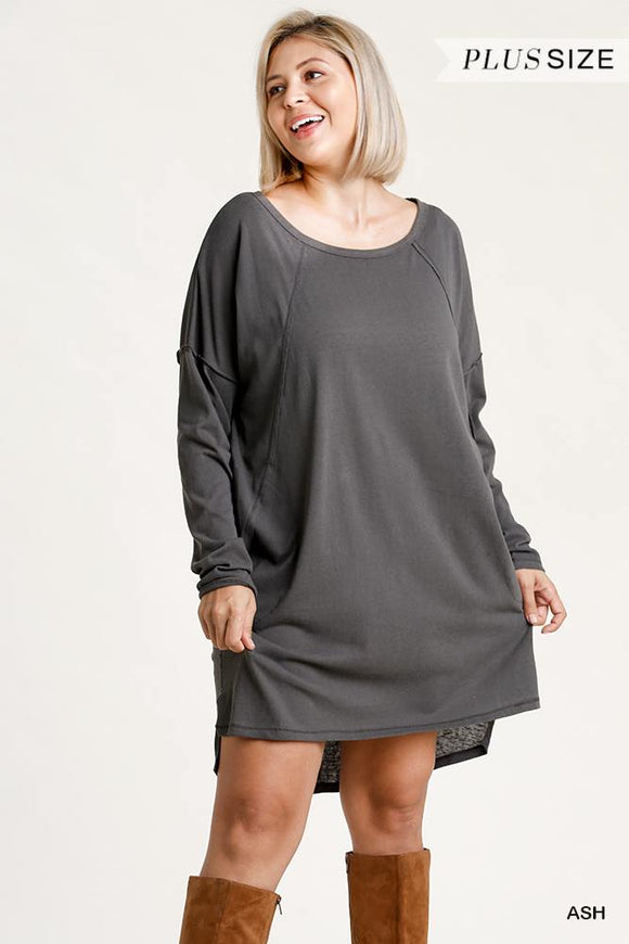 Long Raglan Sleeve Round Neck Raw Edged Detail Dress With Side Slits And Pockets