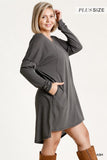 Long Raglan Sleeve Round Neck Raw Edged Detail Dress With Side Slits And Pockets