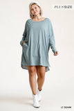 Long Raglan Sleeve Round Neck Raw Edged Detail Dress With Side Slits And Pockets