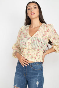 Floral Shadow Stripe V-neck Top