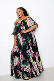 Tropical Printed Off Shoulder Pleated Maxi Dress