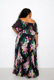 Tropical Printed Off Shoulder Pleated Maxi Dress