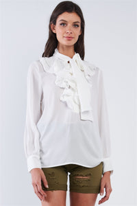 Vintage White Ruffle Button Down Self Tie Chest Long Sleeve Blouse Top