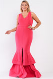 Plus Sleeveless V-neck Front Slip Layered Flare Hem Maxi Mermaid Dress