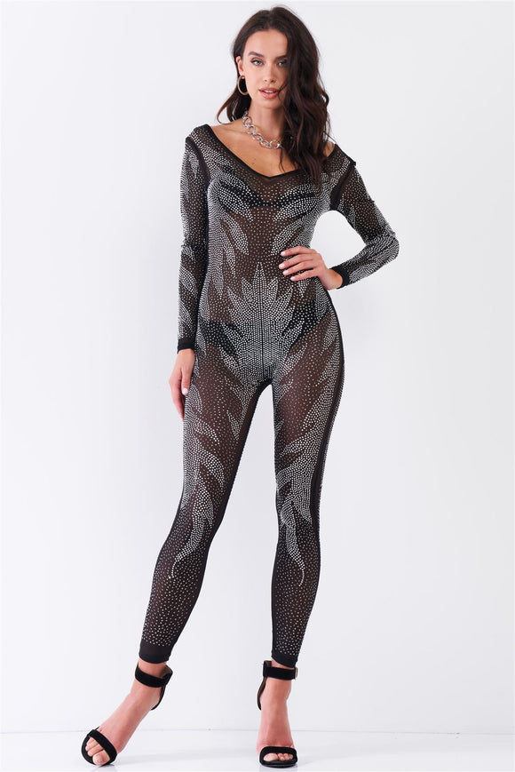 Black Rhinestone Embroidery Sheer Mesh Long Sleeve Bodycon Jumpsuit