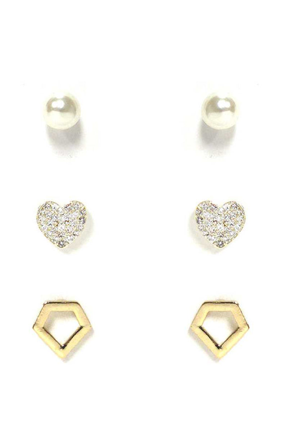 Pearl And Metal Stud Earring 3 Pair Set