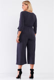 Plus Dark Grey Plunging V-neck Midi Sleeve Self-tie Waist Detail Wide Leg Midi Jumpsuit