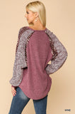 Textured Knit And Animal Print Mixed Dolman Sleeve Top