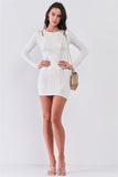 White Sequined Center Front Detail Long Sleeve Mini Dress