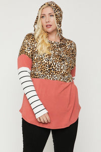 Plus Size Color Block Hoodie Featuring A Cheetah Print